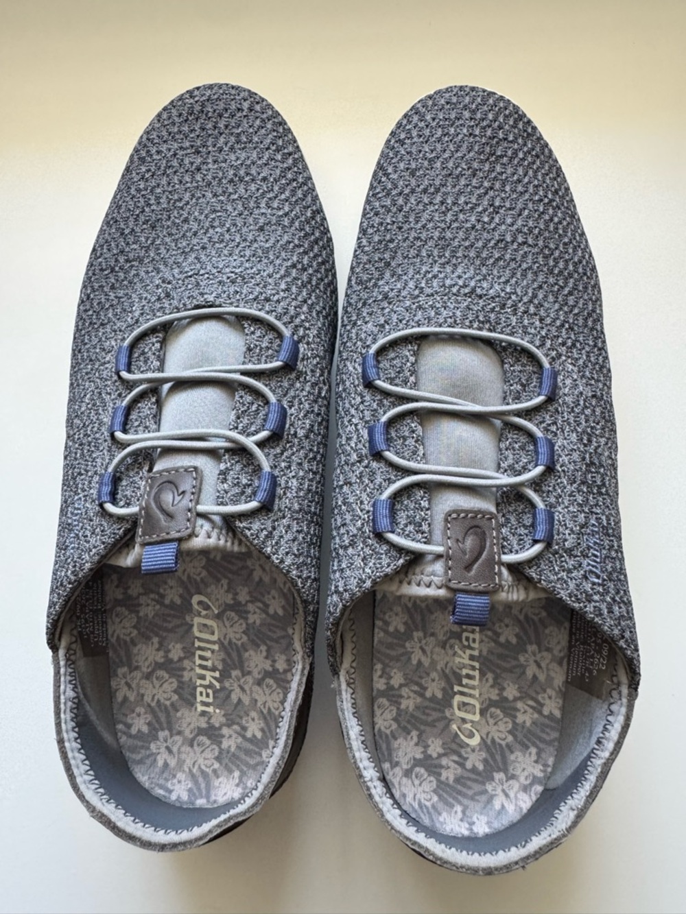 OluKai Grey Knit Slip-On Sneakers with Navy Accents